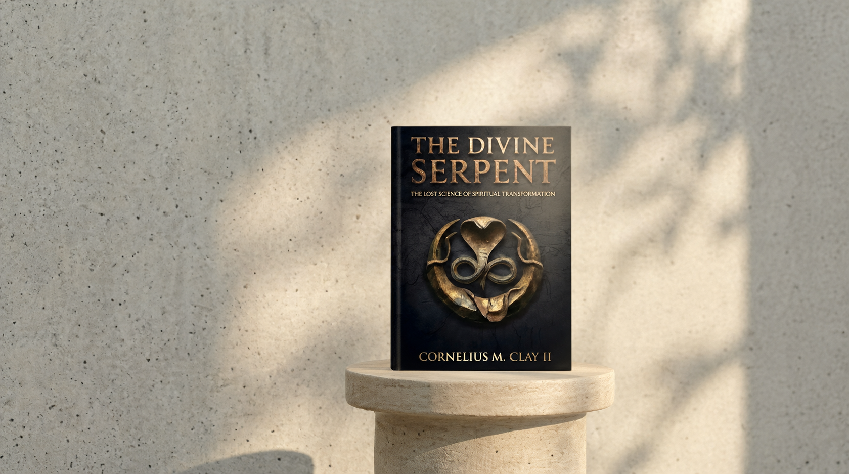 The Divine Serpent in hardcover, standing on a stone pedestal against a sunlit concrete wall